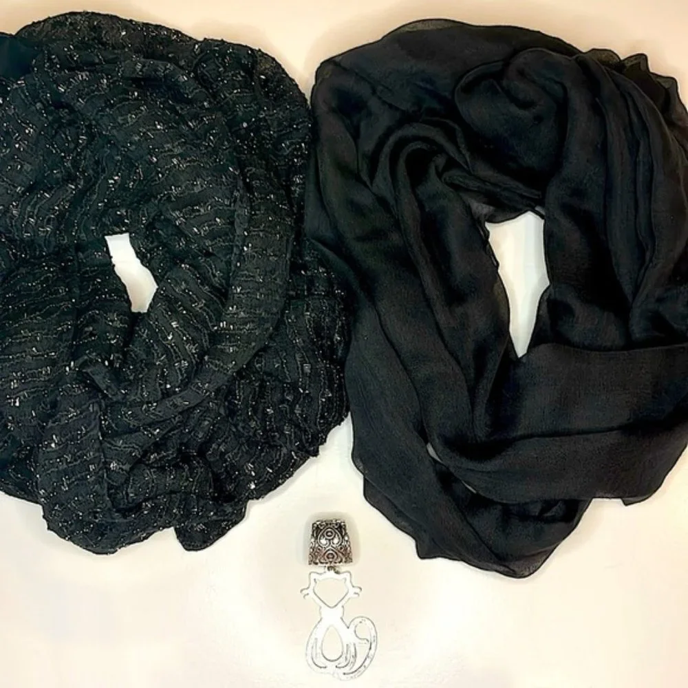 Black Infinity Scarf Set With Silver Cat Scarf Clip